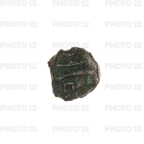 Bronze coin, Pantikapaion; obverse: head of beardless Satyr in ivy wreath facing left; reverse: bow and arrow facing right, inscription below; iconography: bow and arrow, Satyr's head; mythology: Satyr; weapons: arrows, bows, armament; 1st half of the 3rd century BC; Cimmerian Bosporus; weight 2.10 g; dimensions 14.1 × 13.1 mm.
