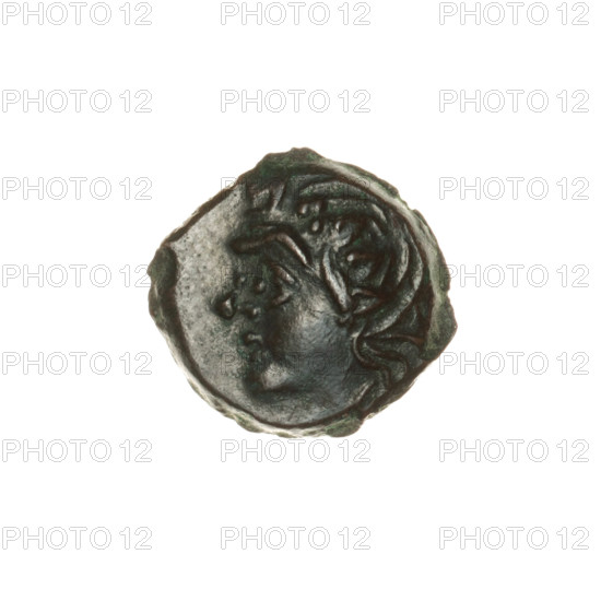bronze coin, Pantikapaion; obverse: head of beardless Satyr in an ivy wreath facing left; reverse: bow and arrow pointing right, inscription below; iconography: bow and arrow, Satyr (mythology), arrows, bows, armament; 1st half 3rd century BC; Cimmerian Bosporus, Pantikapaion; coin; weight 2.18 g; diameter c. 15.6–16.5 mm