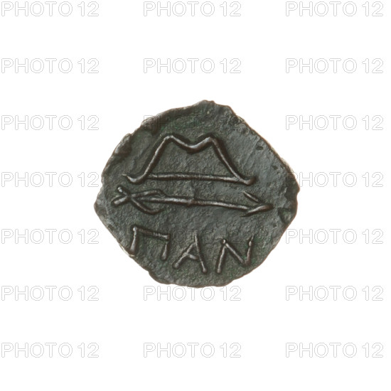 bronze coin, Pantikapaion; obverse: head of beardless Satyr in an ivy wreath facing left; reverse: bow and arrow to the right, inscription below; iconography: bow and arrow, Satyr (mythology), arrows, bows, armament, weapon; 1st half 3rd century BC; Cimmerian Bosporus, Pantikapaion; weight 2.18 g; dimensions 15.6 mm × 16.5 mm