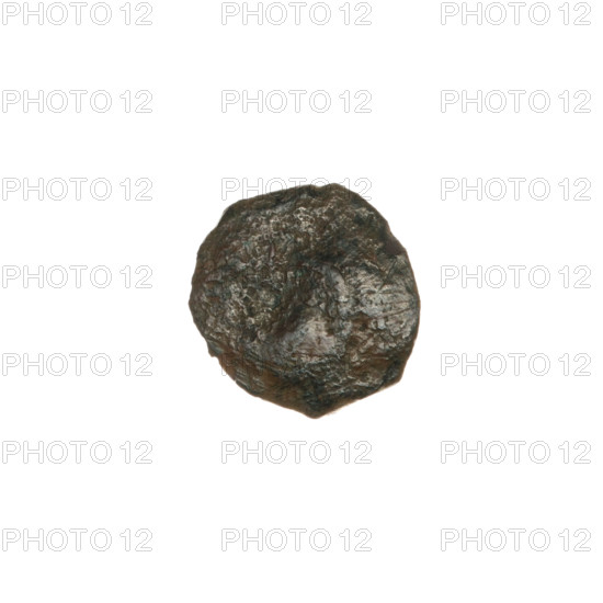 Bronze coin from Pantikapaion, 1st half of the 3rd century BC (Cimmerian Bosporus). Obverse: head of a beardless Satyr in an ivy wreath facing left; reverse: bow and arrow facing right with inscription below. Iconography: Satyr's head, bow and arrow; themes: Satyr (mythology), weapons/armament. Weight 1.50 g; dimensions 13.7 mm and 15 mm.