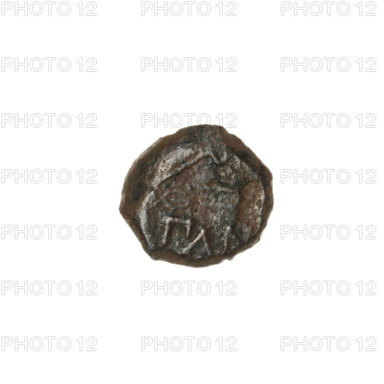 Bronze coin, Pantikapaion. Obverse: head of a beardless Satyr in an ivy wreath facing left. Reverse: bow and arrow facing right, inscription below. Iconography: Satyr's head, bow and arrow; themes—Satyr (mythology), arrows, bows, weapons, armament. Date: 1st half of the 3rd century BC. Region: Cimmerian Bosporus, Pantikapaion. Weight: 1.50 g. Dimensions: 13.7 mm and 15 mm.