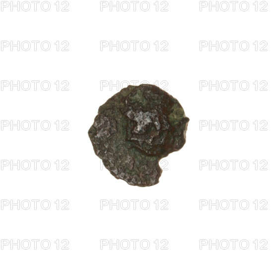 Bronze coin, Pantikapaion; obverse: head of a bearded Satyr in an ivy wreath facing right; reverse: bow and arrow facing right, inscription below. Iconography: Satyr's head, bow and arrow, arrows, bows, weapon, armament. Mythology: Satyr. Date: ca. 250 BC. Place: Cimmerian Bosporus, Pantikapaion. Type: coin. Weight: 1.20 g. Dimensions: 13.3 mm and 13.2 mm.