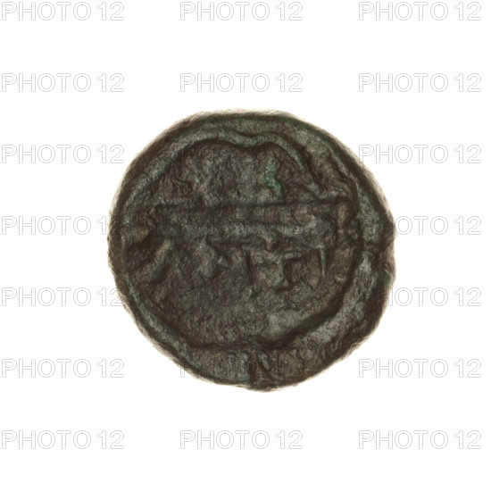 bronze coin, Pantikapaion; obverse: head of a bearded Satyr in an ivy wreath facing right; reverse: bow and arrow facing left, inscription below; Satyr (mythology), arrows, bows, weaponry; ca. 250 BC; Cimmerian Bosporus, Pantikapaion; coin; weight 6.12 g; diameter ~17.8–18.6 mm; axis 120°.