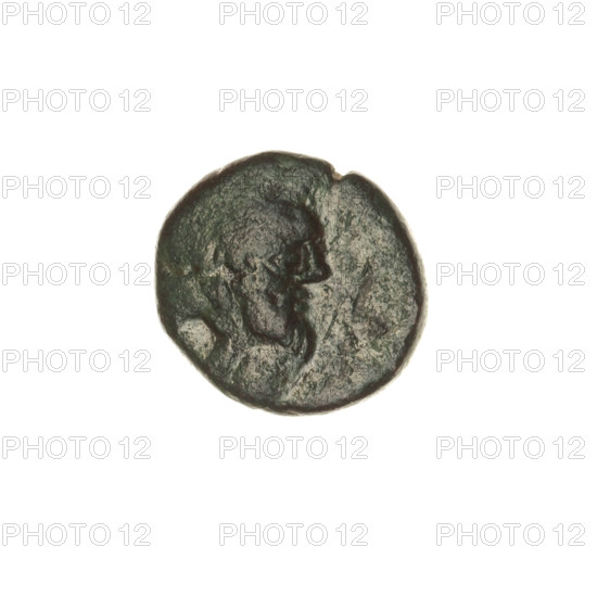 Bronze coin, Pantikapaion; obverse: head of bearded Satyr in ivy wreath facing right; reverse: bow and arrow facing right, inscription below; iconography: bow and arrow, Satyr's head; subject: Satyr (mythology), weapons (arrows, bows); date: ca. 250 BC; region: Cimmerian Bosporus, Pantikapaion; material: bronze; coin; weight: 5.10 g; dimensions: 15.7 mm x 17.2 mm.