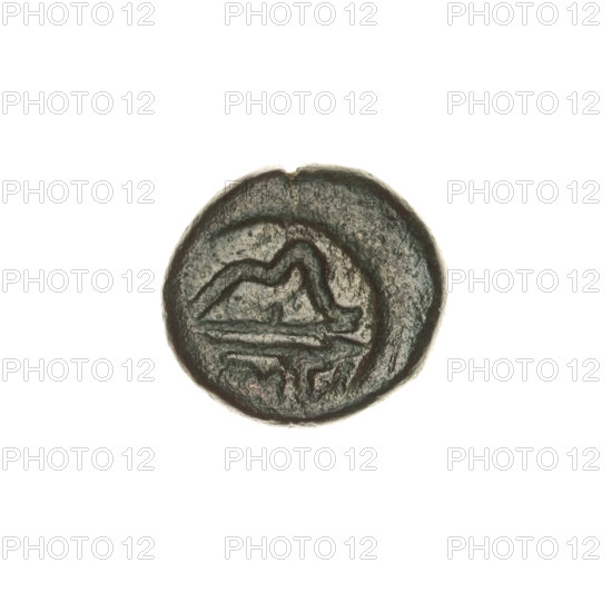 bronze coin, Pantikapaion; obverse: head of bearded Satyr in ivy wreath facing right; reverse: bow and arrow facing right, inscription below; iconography: bow and arrow, Satyr's head; Satyr (mythology); arrows (weapon), bows (weapon); ca. 250 BC; Cimmerian Bosporus, Pantikapaion; coin; weight 5.10 g; dimensions: 15.7 mm × 17.2 mm
