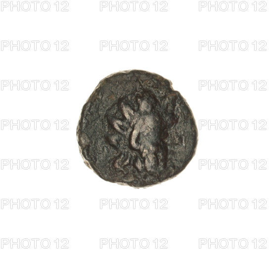 bronze coin, Pantikapaion; obverse: head of a bearded Satyr in an ivy wreath facing right; reverse: bow and arrow facing right with inscription below; iconography: Satyr (mythology), bow and arrow, weaponry; ca. 250 BC; Cimmerian Bosporus, Pantikapaion; coin; weight 3.78 g; axis 300°; dimensions 16 mm × 16.2 mm