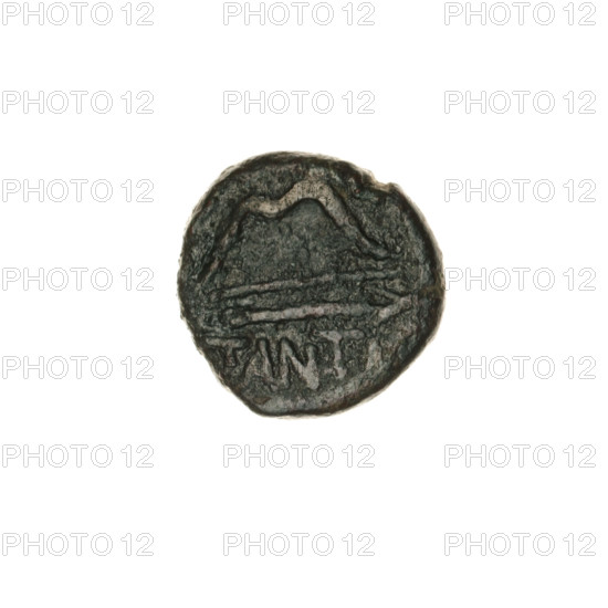 bronze coin, Pantikapaion, bow and arrow (iconographic), Satyr's head (iconographic), Black Sea, Satyr (mythology), arrows (weapon), bows (weaponry), weaponry (iconographic), aw: head of a bearded Satyr in an ivy wreath facing right; rw: bow and arrow facing right, inscription below it; ca. 250 BC, Cimmerian Bosporus, Pantikapaion, coin, weight 3.78 g, axis 300 deg., dimension 1 16 mm, dimension 2 16.2 mm