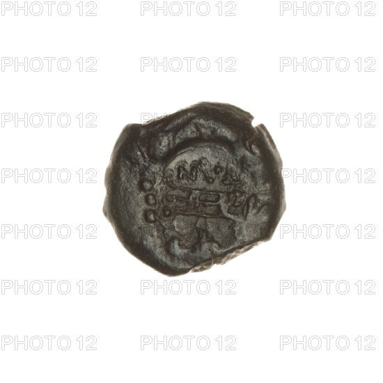 Bronze coin, Pantikapaion; obverse: bearded Satyr's head to the right, countermark (tripod and inscription) on the left; reverse: bow and arrow to the right, inscription below; iconography: Satyr's head, tripod, bow and arrows; countermarks (numismatic); Satyr (mythology); weapons/armament (iconographic); Black Sea, Cimmerian Bosporus; ca. 250 BC; weight 3.40 g; dimensions 15.5 mm and 17.6 mm.