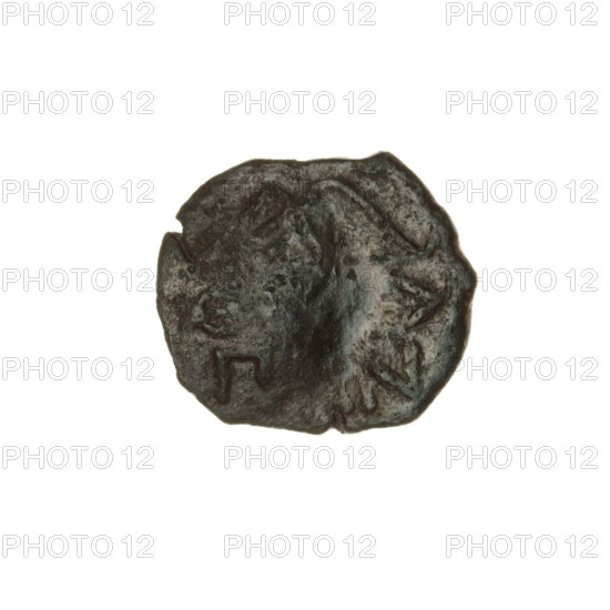 Bronze coin, Pantikapaion; obverse: bearded Satyr's head to the right, countermark (tripod and inscription on the left); reverse: bow and arrow to the right, inscription below; iconography: Satyr's head, tripod countermark, bow and arrows; countermarks (numism); weapons (iconographic); Satyr (mythology); ca. 250 BC; Cimmerian Bosporus, Pantikapaion; coin; weight 3.40 g; dimensions 15.5 mm × 17.6 mm.