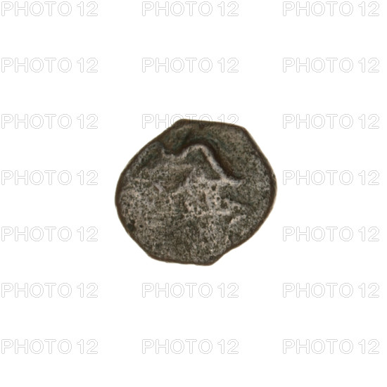 bronze coin, Pantikapaion; obverse: bearded Satyr's head left, countermark (tripod and inscription on the left); reverse: bow and arrow right, inscription below; iconography: bow and arrow, Satyr's head, tripod; countermarks (numism); Satyr (mythology); arrows (weapon), bows, armament; Black Sea region; Cimmerian Bosporus, Pantikapaion; ca. 250 BC; coin; weight 1.27 g; axis 330°; dimensions 12.4 mm × 13.6 mm
