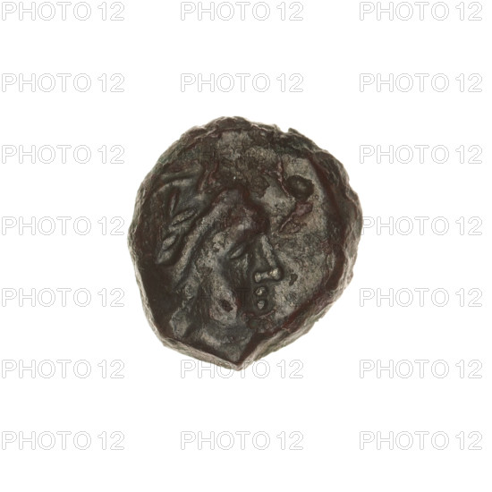 bronze coin, Pantikapaion, eagles, head of Apollo (iconographic), Black Sea, birds, Apollo (mythology), obverse: head of Apollo in laurel wreath facing right; reverse: eagle with spread wings straight ahead, head facing left, inscription in cut; ca. 250 BC, Cimmerian Bosporus, Pantikapaion, coin, weight 3.67 g, dimension 1 18.4 mm, dimension 2 16.9 mm