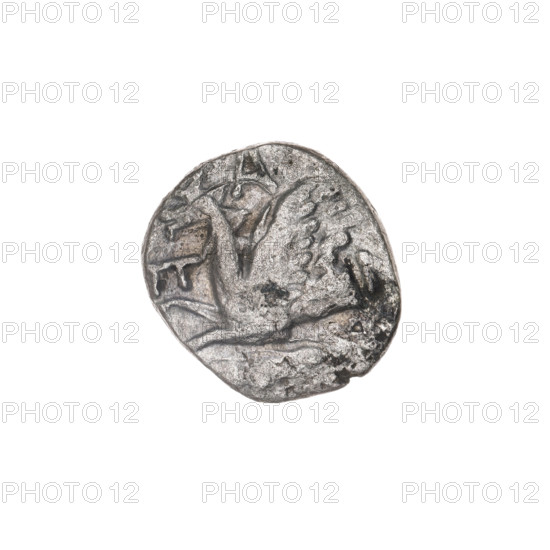 drachma, Pantikapaion, protoma of a griffin (iconographic), ears of corn, head of Apollo (iconographic), Black Sea, griffins, Apollo (mythology), plants, aw: head of Apollo in a laurel wreath to the right; rw: protoma of an eagle-headed griffin to the left, below it an ear of corn to the left, on the sides and at the top letters; 270 - 201 BC, Cimmerian Bosporus, Pantikapaion, coin, weight 2.70 g, dimension 1 15.4 mm, dimension 2 14.4 mm