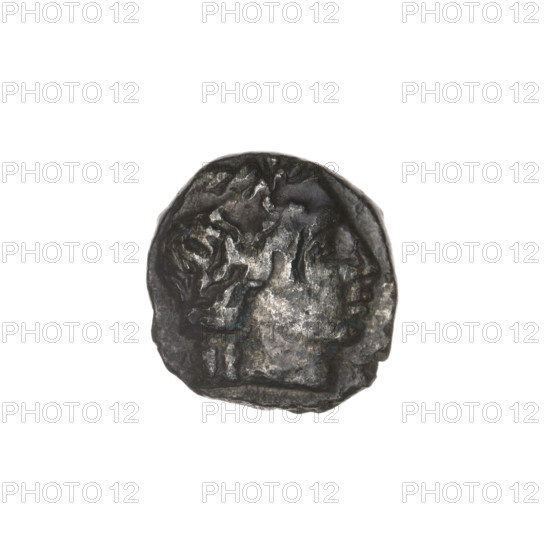 drachma, Pantikapaion, ears of corn, protoma of a griffin (iconographic), head of Apollo (iconographic), Black Sea, griffins, Apollo (mythology), countermarks (numism), plants; aw: head of Apollo in a laurel wreath to the right; rw: protoma of an eagle-headed griffin to the left, below it an ear of corn to the left, on the sides and at the top letters, countermark ?; 270–201 BC, Cimmerian Bosporus, Pantikapaion, coin, weight 2.12 g, diameter 14.8 x 14.5 mm