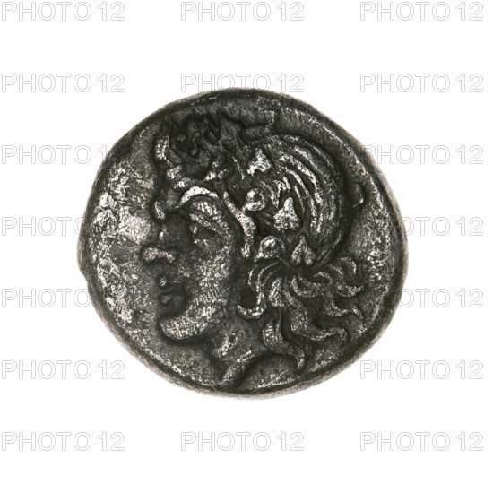 Didrachma, Pantikapaion; obverse: head of a beardless Satyr in an ivy wreath facing left; reverse: standing horse facing left with lowered head, inscription in cut-off. Satyr (mythology), animals. Black Sea (Cimmerian Bosporus). End of 3rd century BC. Coin; weight 6.28 g; axis 210°; dimensions 20 mm × 21.1 mm.