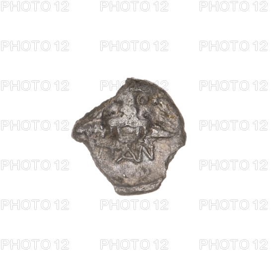 triobol, Pantikapaion, head of Apollo (iconographic), spears, lion head (iconographic), Black Sea, lions, animals, Apollo (mythology), weapons (iconographic), armament (iconographic), aw: head of Apollo in laurel wreath facing right; rw: lion head straight, in mouth and right paw a spear facing right, inscription at bottom; 270 - 201 BC, Cimmerian Bosporus, Pantikapaion, coin, weight 1.08 g, dimension 1 13.8 mm, dimension 2 13.4 mm