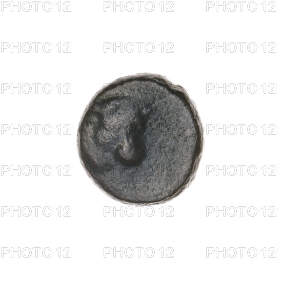bronze coin, Pantikapaion; obverse: bull's head 3/4 to the right; reverse: plough to the left, above it an ear of corn to the left; letters on the sides and top; iconography: ears of corn, bull's head, plows; bulls, animals, tools, plants; end of 3rd–first half of 2nd century BC; Cimmerian Bosporus; weight 3.08 g; axis 210°; dimensions 13.3 × 12.8 mm