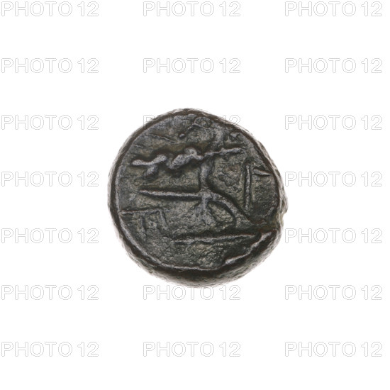 bronze coin, Pantikapaion; obverse: bull's head 3/4 to the right; reverse: plough to the left, above it an ear of corn to the left, letters on the sides and top; iconography: ears of corn, bull's head, plows; bulls, animals, tools, plants; end of 3rd–first half of 2nd century BC; Cimmerian Bosporus; weight 3.08 g; axis 210°; dimensions 13.3 × 12.8 mm