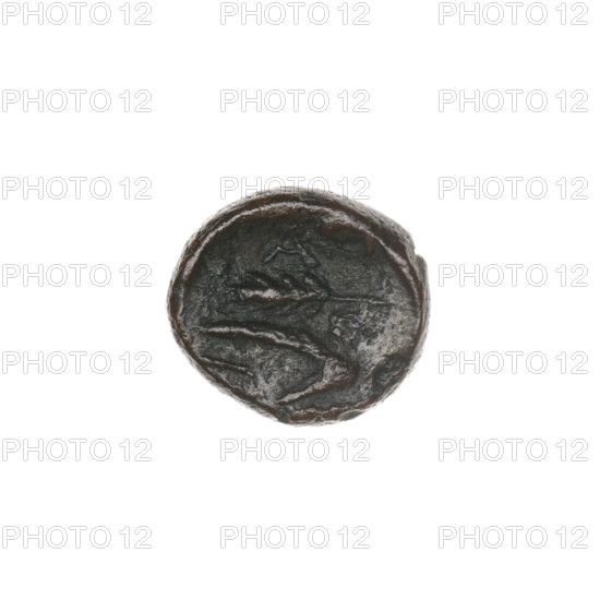 bronze coin, Pantikapaion; obverse: bull's head 3/4 right; reverse: plough left, above it ear of corn left, letters on sides and top; iconography: ears of corn, ploughs, bull's head; bulls, animals, tools, plants; late 3rd–mid 2nd century BC; Cimmerian Bosporus, Pantikapaion; coin; weight 1.92 g; axis 240°; dimensions 12.3 × 11.5 mm