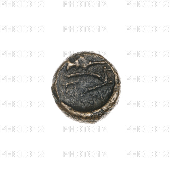 Bronze coin from Pantikapaion depicting a bull's head (three-quarters to the right) and, on the reverse, a plow to the left with an ear of corn above it; letters at sides and top. Iconography: ears of corn, bull's head, plow. End of 3rd–first half of 2nd century BC, Cimmerian Bosporus (Pantikapaion). Coin; weight 1.83 g; axis 90°; dimensions 10.6 mm × 11.1 mm.