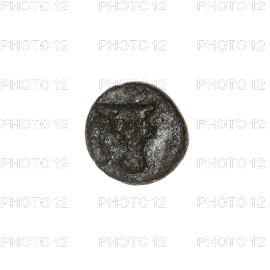 Bronze coin, Pantikapaion; obverse: bull's head three-quarters right; reverse: plough left, above it an ear of corn left; letters on sides and top; end of 3rd–first half of 2nd century BC; Cimmerian Bosporus; weight 1.58 g; axis 90°; diameter ~12.9 × 12.4 mm.