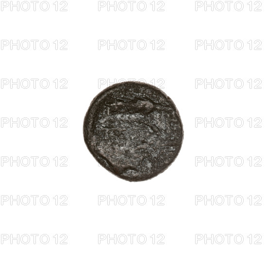 Bronze coin from Pantikapaion, end of 3rd–first half of 2nd century BC (Cimmerian Bosporus). Obverse: bull's head 3/4 to the right; plow to the left, above it an ear of corn to the left, letters on the sides and top. Iconography: ears of corn, bull's head, plows, bulls, animals, tools, plants. Weight 1.58 g; axis 90°; dimensions 12.9 × 12.4 mm.