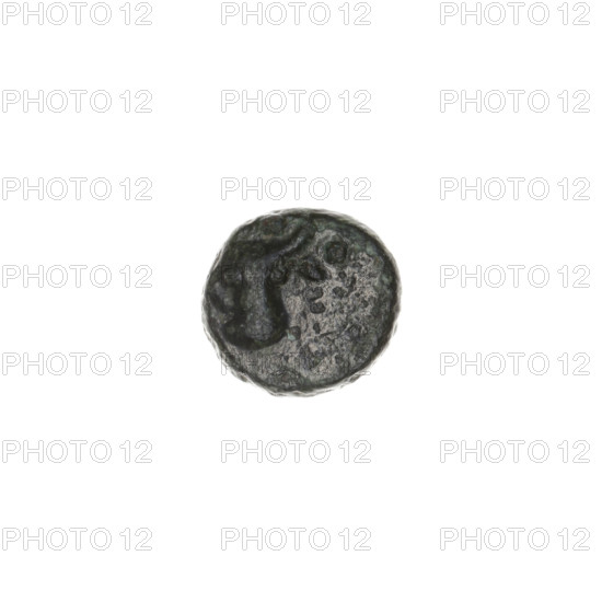 bronze coin, Pantikapaion; obverse: bull's head 3/4 to the right; reverse: plough to the left, above it an ear of corn to the left; letters on the sides and top; iconography: ears of corn, bull's head, ploughs; bulls, animals, tools, plants; end of 3rd–first half of 2nd century BC; Cimmerian Bosporus, Pantikapaion; coin, weight 1.25 g; axis 90°; dimensions 8.9 mm × 9.6 mm