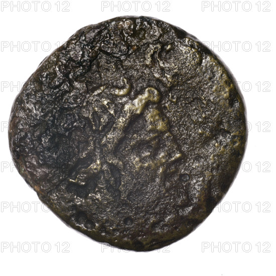 bronze coin, Pantikapaion, prora (iconographic), head of Poseidon (iconographic), trident (attribute), Poseidon (mythology), ships; obverse: head of Poseidon to the right, trident to the left; reverse: prora to the left, inscription below in two rows; end of 2nd–beginning of 1st century BC; Cimmerian Bosporus, Pantikapaion; coin; weight 15.22 g; dimensions 29.1–29.7 mm