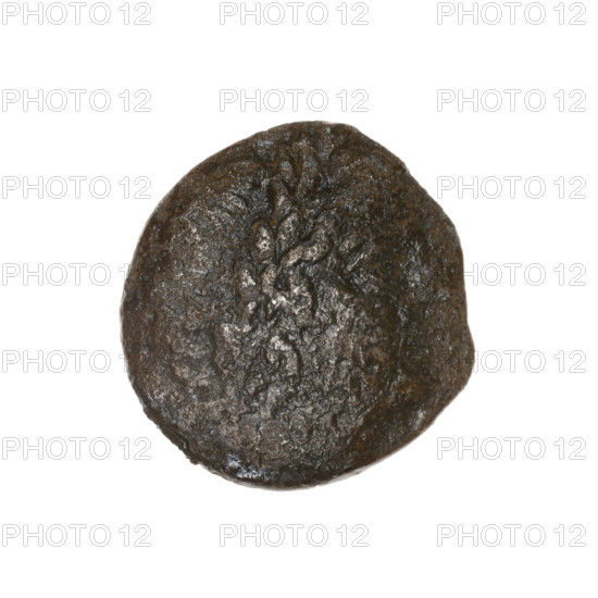 Drachma, Pantikapaion; obverse: head of Apollo to the right; reverse: bow in a gorythos to the left, monogram K below it, inscription at the top and bottom in two rows. Iconography: bow in a quiver, head of Apollo, monograms; subjects: Apollo (mythology), bows, weapons, armament, gorythos, quivers. Date: 1st half 2nd century BC. Place: Cimmerian Bosporus, Pantikapaion. Object type: coin. Weight: 3.80 g. Axis: 90 degrees. Dimensions: 19.5 mm × 18.7 mm.