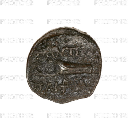 drachma, Pantikapaion; obverse: head of Apollo to the right; reverse: bow in a gorythos to the left, monogram K, inscription at the top and bottom in two rows; monograms; Black Sea; Apollo (mythology); bows, weapons, armament, gorythos, quivers (iconography); 1st half 2nd century BC; Cimmerian Bosporus, Pantikapaion; coin; weight 3.80 g; axis 90°; dimensions 19.5 × 18.7 mm