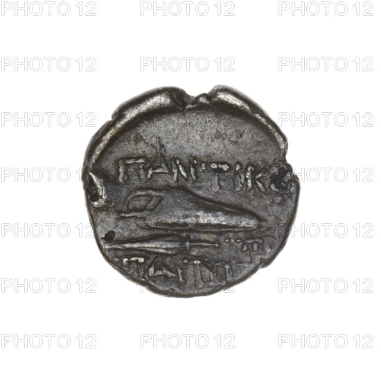 drachma, Pantikapaion, bow in a quiver (iconographic), head of Apollo (iconographic), monograms, Black Sea, Apollo (mythology), bows (armed), weapons (iconographic), armament (iconographic), gorytos (armed), quivers (armed), spearhead (iconographic), aw: head of Apollo to the right; rw: bow in a gorytos to the left, below it a spearhead to the left and a monogram, inscription at the top and bottom in two rows; 1st half 2nd century BC, Cimmerian Bosporus, Pantikapaion, coin, weight 3.53 g, axis 60 degrees, dimension 1 18.2 mm, dimension 2 18.2 mm