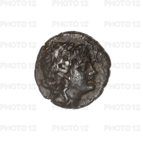 drachma, Pantikapaion; aw: head of Apollo to the right; rw: bow in a gorytos to the left, below it spearhead to the left; inscription at the top and bottom in two rows; bow in a quiver (iconographic); head of Apollo (iconographic); Apollo (mythology); bows, gorytos, quivers, spearhead (armed/armament, iconographic); 1st half 2nd century BC; Cimmerian Bosporus; coin; weight 3.45 g; axis 90°; dimensions: 17.3 × 16.8 mm