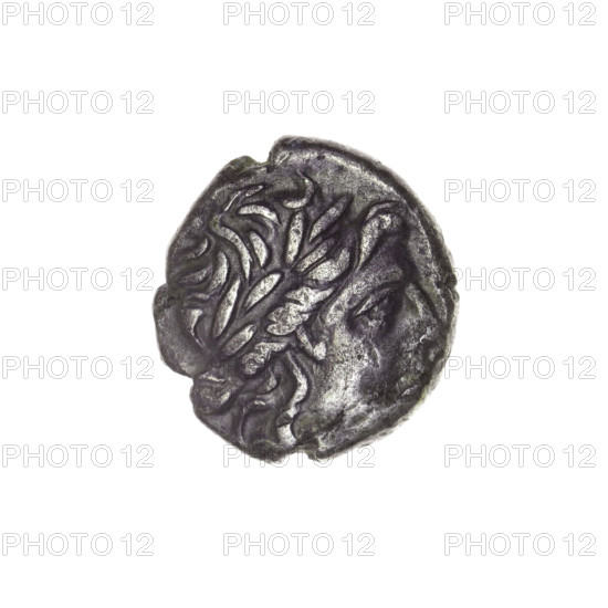 drachma, Pantikapaion, bow in a quiver (iconographic), head of Apollo (iconographic), Black Sea, Apollo (mythology), bows (armed), weapons (iconographic), armament (iconographic), gorytos (armed), quivers (armed), spearhead (iconographic), aw: head of Apollo to the right; rw: bow in a gorytos to the left, below it spearhead to the left, inscription at the top and bottom in two rows; 1st half 2nd century BC, Cimmerian Bosporus, Pantikapaion, coin, weight 3.45 g, axis 90 degrees, dimension 1 17 mm, dimension 2 15.8 mm