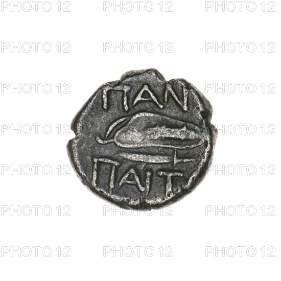 drachma, Pantikapaion, bow in a quiver (iconographic), head of Apollo (iconographic), Black Sea, Apollo (mythology), bows (armed), weapons (iconographic), armament (iconographic), gorytos (armed), quivers (armed), spearhead (iconographic), aw: head of Apollo to the right; rw: bow in a gorytos to the left, below it spearhead to the left, inscription at the top and bottom in two rows; 1st half 2nd century BC, Cimmerian Bosporus, Pantikapaion, coin, weight 3.45 g, axis 90 degrees, dimension 1 17 mm, dimension 2 15.8 mm