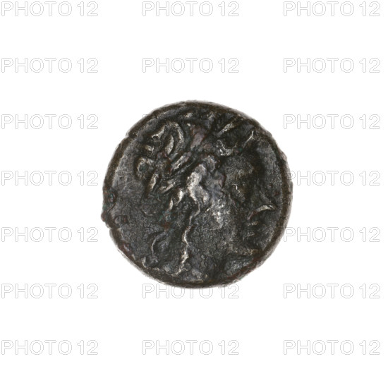 Drachma, Pantikapaion; obverse: head of Apollo to the right; reverse: bow in a gorytos to the left, below it spearhead to the left; inscription at the top and bottom in two rows. Iconography: bow in a quiver, head of Apollo, Apollo (mythology), bows, weapons, armament, gorytos, quivers, spearhead. Maker: Terlecki, Ignacy (1860–1916). Date: 1st half 2nd century BC. Place: Cimmerian Bosporus, Pantikapaion. Object type: coin. Weight: 3.34 g. Axis: 90 degrees. Dimensions: 15.2 × 15.3 mm.
