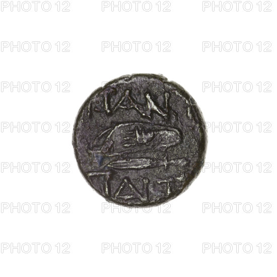 Drachma, Pantikapaion; obverse: head of Apollo to the right; reverse: bow in a gorytos to the left, below it spearhead to the left; inscription at the top and bottom in two rows. Iconography: bow in a quiver, head of Apollo, bows, weapons, armament, gorytos, quivers, spearhead. Date: 1st half 2nd century BC. Place: Cimmerian Bosporus, Pantikapaion. Object: coin (weight 3.34 g; axis 90°; dimensions 15.2 × 15.3 mm). Maker: Ignacy Terlecki (1860–1916).