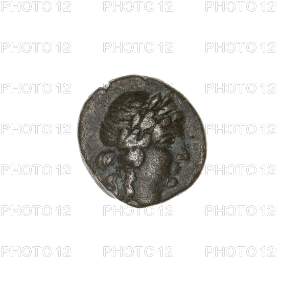 tetrobol, Pantikapaion, horse protoma (iconographic), Apollo's head (iconographic), Black Sea, animals, horses, Apollo (mythology), aw: head of Apollo to the right; rw: galloping horse protoma to the right, rim inscription at the top; 1st half of the 2nd - ca. mid-2nd century BC, Cimmerian Bosporus, Pantikapaion, coin, weight 3.17 g, dimension 1 14.7 mm, dimension 2 15.2 mm