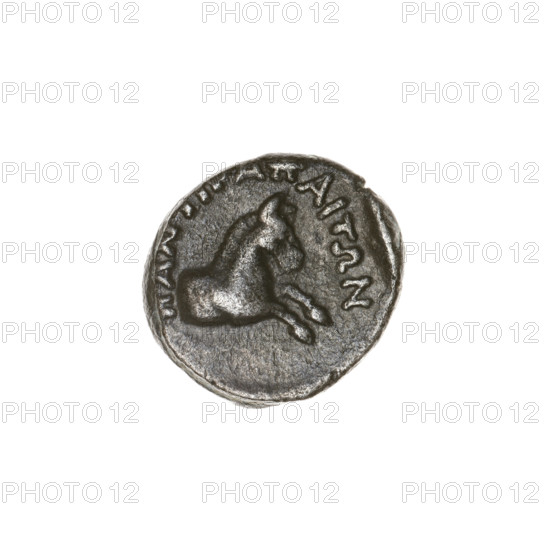 tetrobol, Pantikapaion, horse protoma (iconographic), Apollo's head (iconographic), Black Sea, animals, horses, Apollo (mythology), aw: head of Apollo to the right; rw: galloping horse protoma to the right, rim inscription at the top; 1st half of the 2nd - ca. mid-2nd century BC, Cimmerian Bosporus, Pantikapaion, coin, weight 3.17 g, dimension 1 14.7 mm, dimension 2 15.2 mm