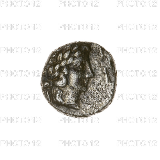 Tetrobol, Pantikapaion; head of Apollo (iconographic) and horse prototype (iconographic); Black Sea; obv: head of Apollo right; obv: prototype of a galloping horse right, rim inscription at the top; 1st half of the 2nd–ca. mid-2nd century BC; Cimmerian Bosporus, Pantikapaion; coin; weight 2.75 g; dimensions 13.7 × 13.4 mm
