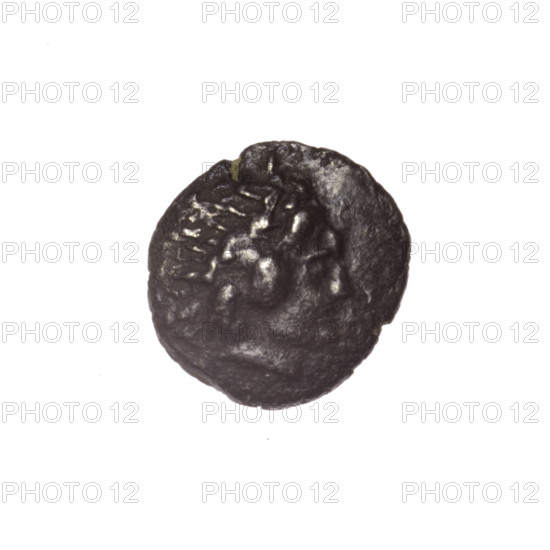 Diobol, Pantikapaion; obverse: head of Apollo right; reverse: lyre with inscription in two columns on the sides; Apollo (mythology), musical instruments; 1st half of the 2nd — ca. mid-2nd century BC; Cimmerian Bosporus, Pantikapaion; coin; weight 1.15 g; diameters 12.8 mm and 12.5 mm.