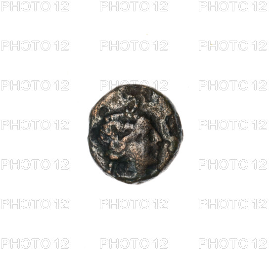 bronze coin, Pantikapaion; obverse: head of Apollo to the right; obverse: ear of corn to the left, inscription below; iconography: Apollo (mythology), plants; Cimmerian Bosporus, Pantikapaion; 1st half of the 2nd – ca. mid-2nd century BC; coin; weight 0.93 g; dimensions 9.9 mm × 9.4 mm