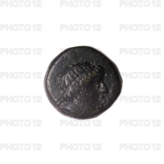 bronze coin, Pantikapaion; obverse: head of Apollo to the right; reverse: bow in a gorythos to the left, inscription below; iconography: bow in a quiver, head of Apollo, gorythos, quivers, weapons; Apollo (mythology); 1st half 2nd – ca. 2nd century BC; Cimmerian Bosporus, Pantikapaion; coin; weight 2.53 g; axis 90°; dimensions 11.9 × 12.3 mm
