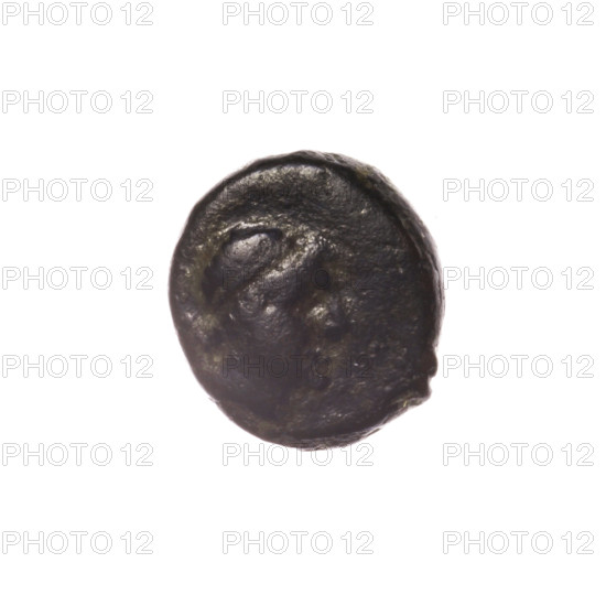 Bronze coin, Pantikapaion; obverse: head of Apollo to the right; reverse: bow in a gorythos to the left, inscription below; iconography: bow in a quiver, head of Apollo; subjects: Apollo (mythology), bows, weapons, armament, gorythos, quivers; date: 1st half 2nd — ca. 2nd century BC; region: Cimmerian Bosporus, Pantikapaion; object type: coin; weight: 2.48 g; axis: 300°; dimensions: 12.6 mm × 13.1 mm.