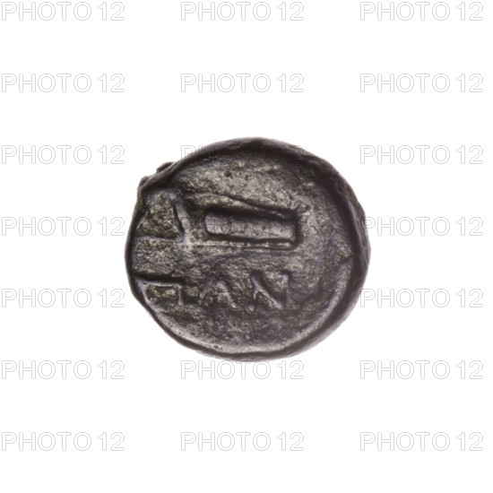 bronze coin, Pantikapaion; obverse: head of Apollo to the right; reverse: bow in a gorythos to the left, inscription below; iconography: bow in a quiver (gorythos), head of Apollo; subject: Apollo (mythology), bows, weapons, armament, gorythos, quivers; date: 1st half 2nd - ca. 2nd century BC; region: Cimmerian Bosporus, Pantikapaion; coin, weight 2.48 g; axis 300°; dimensions: 12.6 mm × 13.1 mm