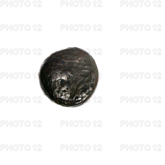 Bronze coin, Pantikapaion; aw: head of Apollo to the right; rw: bow in gorythos to the left, inscription below; iconography: bow in quiver, head of Apollo, bows, weapons, armament, gorythos, quivers; mythological figure: Apollo; date: 1st half of the 2nd–ca. mid-2nd century BC; region: Cimmerian Bosporus, Pantikapaion; coin; weight 2.22 g; axis 300°; dimensions 11.5 × 11.4 mm.