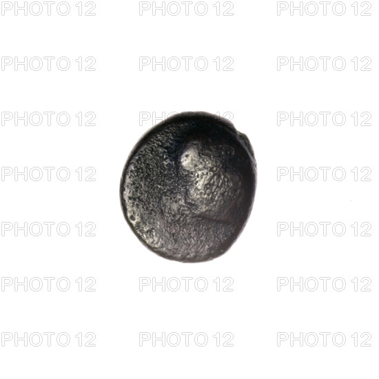 Bronze coin, Pantikapaion; obverse: head of Apollo to the right; reverse: bow in gorythos to the left, inscription below. Iconography: bow in quiver, head of Apollo, bows, weapons, armament, gorythos, quivers. Mythological figure: Apollo. Date: 1st half of the 2nd–ca. mid-2nd century BC. Place: Cimmerian Bosporus, Pantikapaion. Coin; weight 1.88 g; axis 120°; dimensions: 12.6 mm × 11.2 mm.
