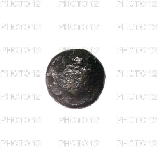 bronze coin, Pantikapaion; obverse: head of Apollo to the right; reverse: bow in a gorythos to the left, inscription below; iconography: head of Apollo, bow in a quiver/gorythos, gorythos, quivers, weapons; Apollo (mythology); 1st half 2nd–ca. half 3rd 2nd century BC; Cimmerian Bosporus, Pantikapaion; coin; weight 2.02 g; axis 60°; dimensions: 11.8 × 12.1 mm