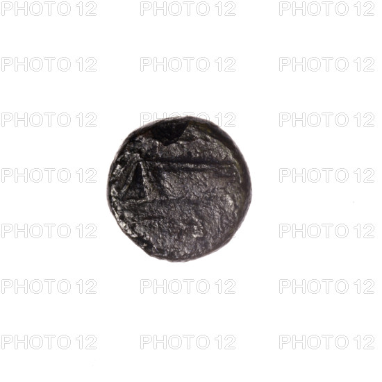 Bronze coin, Pantikapaion; obverse: head of Apollo to the right; reverse: bow in a gorythos to the left, inscription below; iconography: Apollo (mythology), bows, weapons, armament, gorythos, quivers; 1st half 2nd–ca. half 3rd–2nd century BC; region: Cimmerian Bosporus, Pantikapaion; coin; weight 2.02 g; axis 60°; dimensions 11.8 × 12.1 mm.