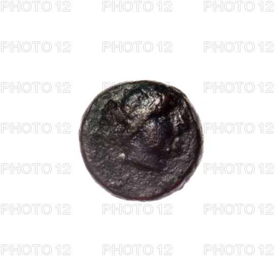 bronze coin, Pantikapaion; obverse: head of Apollo to the right; reverse: bow in a gorythos to the left, inscription below; iconography: bow in a quiver, head of Apollo; subjects: Apollo (mythology), bows, weapons, armament, gorythos, quivers; date: 1st half 2nd – ca. 2nd century BC; region: Cimmerian Bosporus, Pantikapaion; coin; weight 1.88 g; axis 120°; dimensions 11.6 × 12 mm