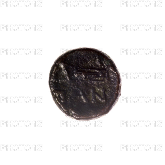 Bronze coin from Pantikapaion; obverse: head of Apollo to the right; reverse: bow in a gorythos to the left with inscription below; iconography: head of Apollo, bow in a quiver/gorythos, bows/weapons/armament/quivers; Cimmerian Bosporus, Pantikapaion; 1st half 2nd — ca. 2nd century BC; weight 1.88 g; axis 120°; dimensions 11.6 × 12 mm.