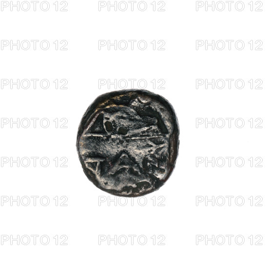 Bronze coin, Pantikapaion; obverse: head of Apollo to the right; reverse: bow in gorythos to the left, inscription below. Iconography: bow in quiver, head of Apollo, bows, weapons, armament, gorythos, quivers. Mythological: Apollo. Date: 1st half of the 2nd–ca. mid-2nd century BC. Place: Cimmerian Bosporus, Pantikapaion. Coin; weight 1.76 g; axis 120°; dimensions 13.2 × 12.5 mm.